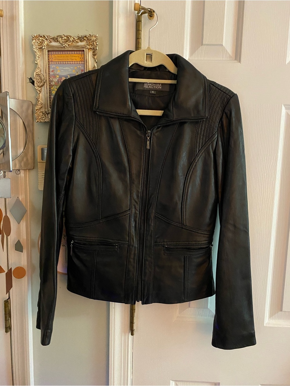 Kenneth Cole Reaction Womens Black Leather Moto Jacket Size S Full Zip Biker